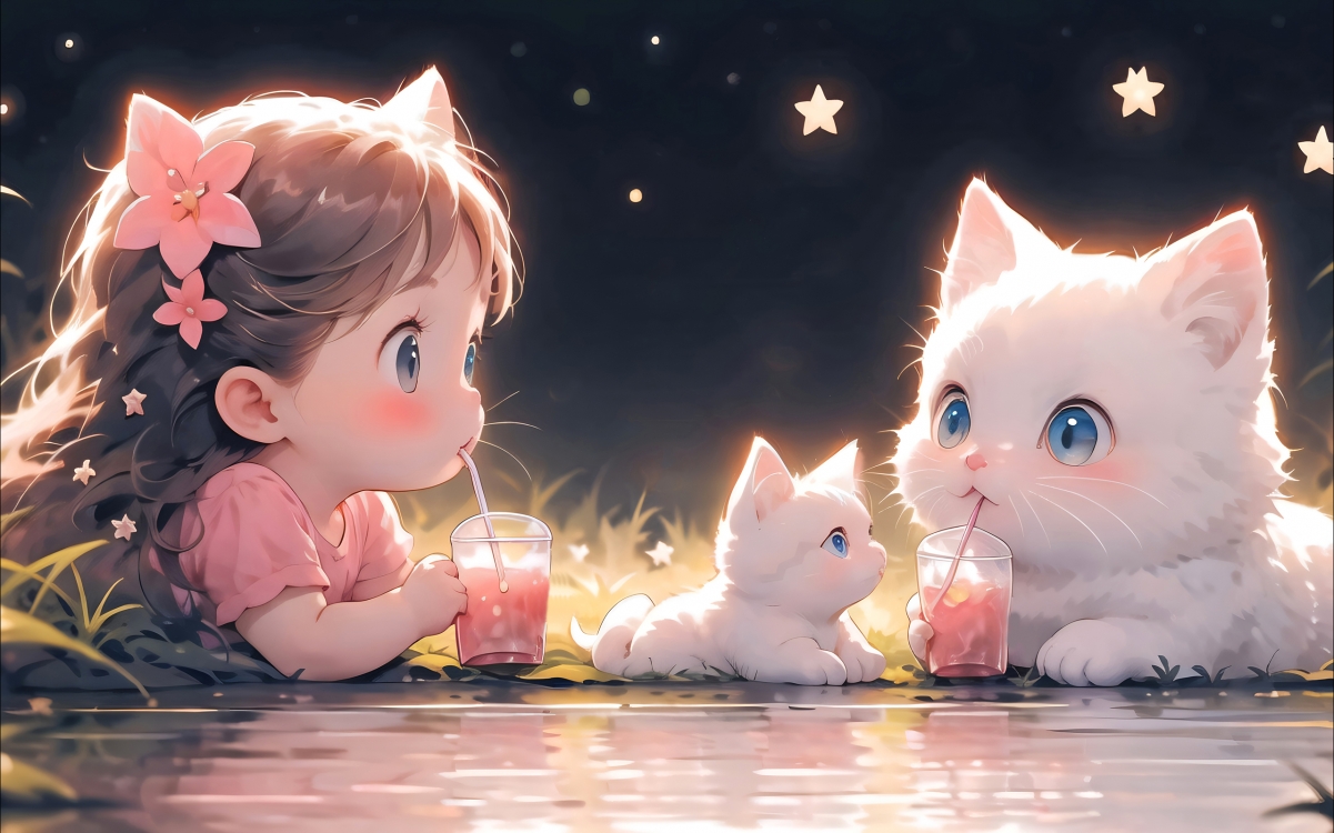 《喵趣果汁时光》，小猫与女孩的温馨邂逅，画师精绘2560x1600超清壁纸，免费下载