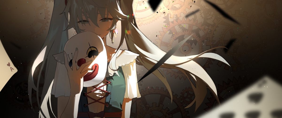 【高清美图】初音未来小丑面具4K壁纸 - 专为带鱼屏设计，3440x1440分辨率，动漫迷必藏高清下载