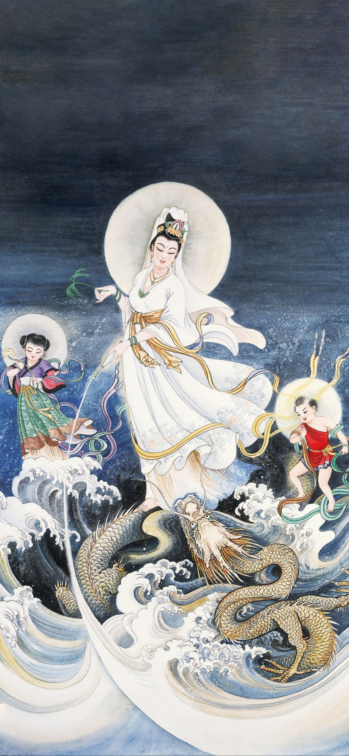 海上观音祈福，龙舞好运来！绝美4K竖屏手机壁纸，高清1773x3840，一键下载享好运