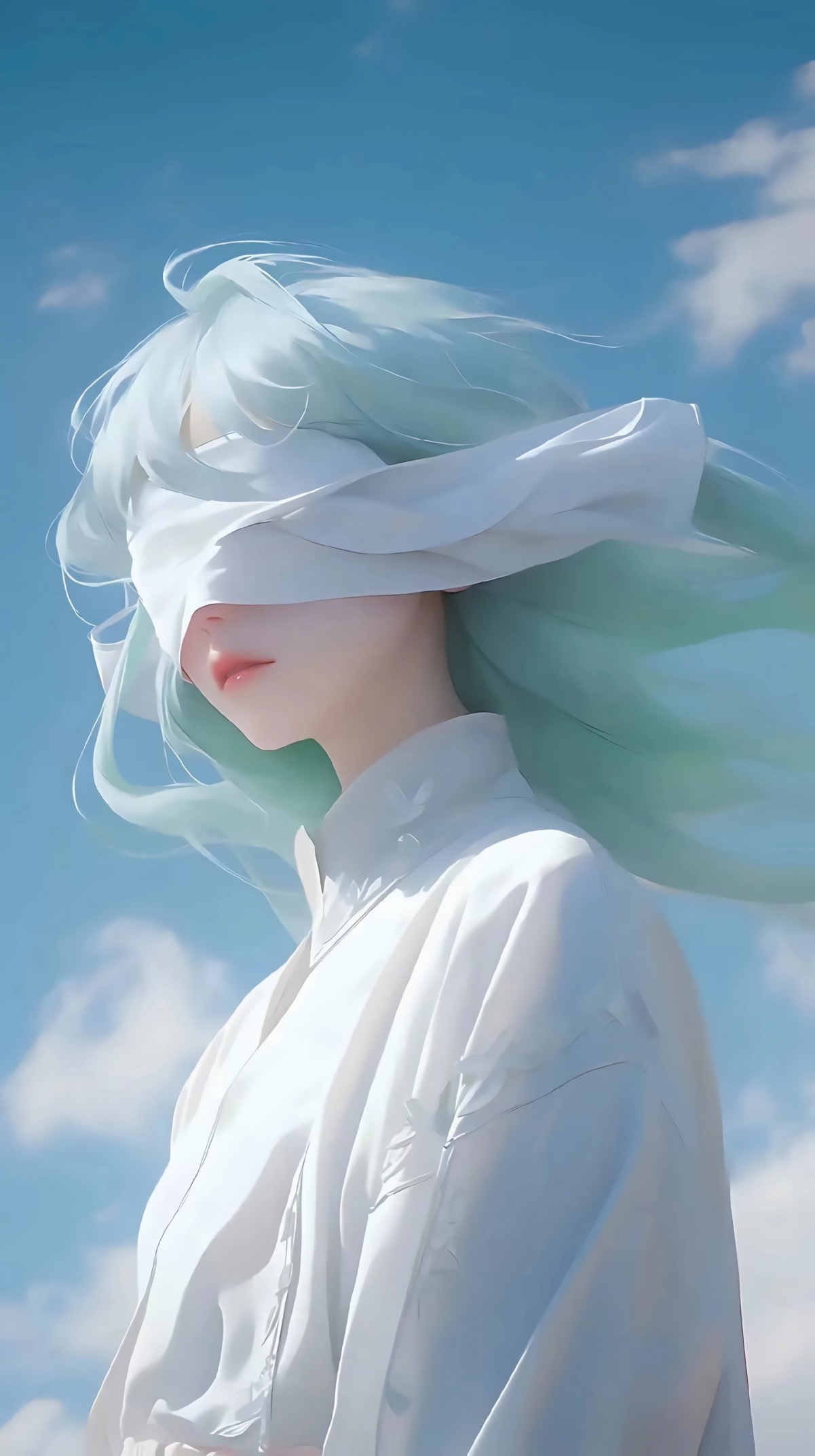 纯白梦幻，蒙眼少女邂逅蔚蓝天空，4K超高清手机壁纸，2152x3840分辨率，精美下载