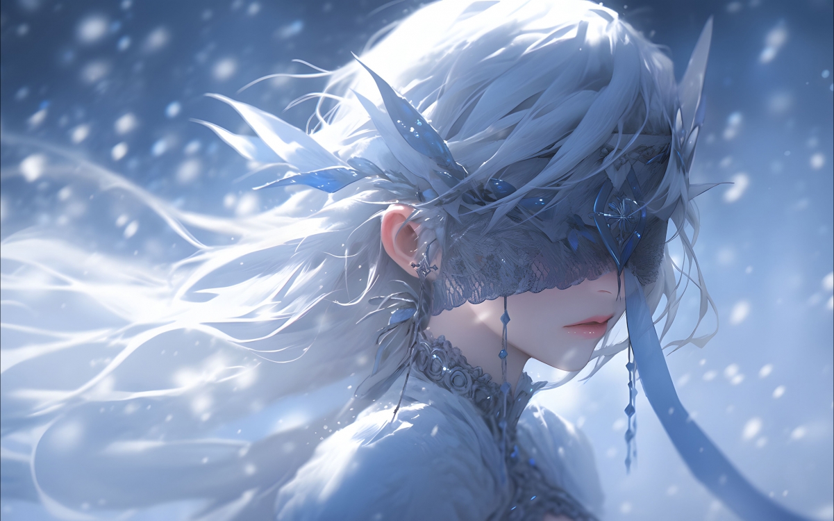 蒙眼少女于飘雪之境，唯美高清2560x1600动漫壁纸，一键下载绝美画面