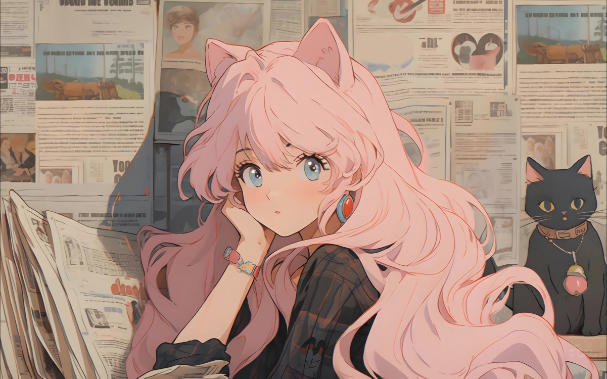 高清粉色长发猫耳少女报纸墙壁纸，2560x1600分辨率，精美桌面背景图下载