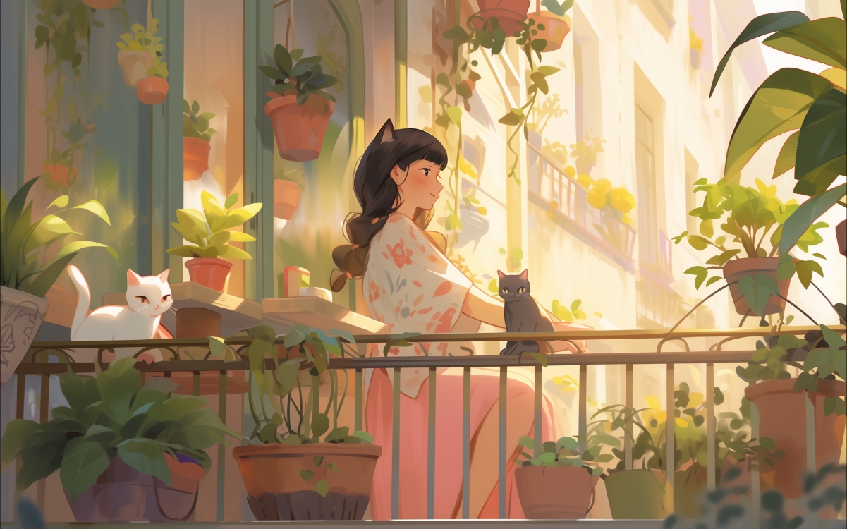 清新少女与萌猫共赏绿色盆栽，栏杆边景致绝美——2560x1600高清动漫壁纸下载