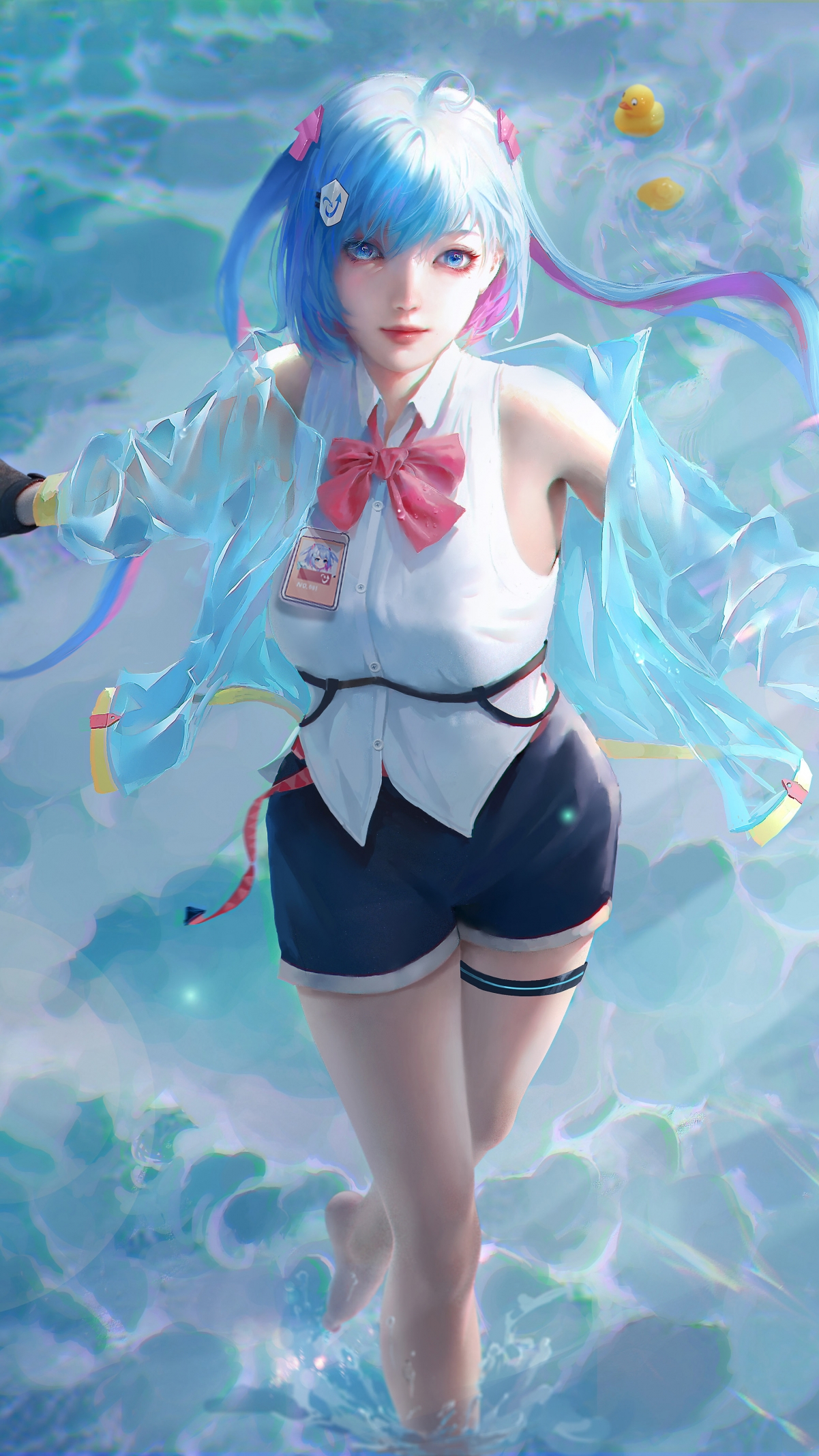 蓝色发女孩漫步梦幻海滩，高清4K手机壁纸下载，2160x3840极致清晰