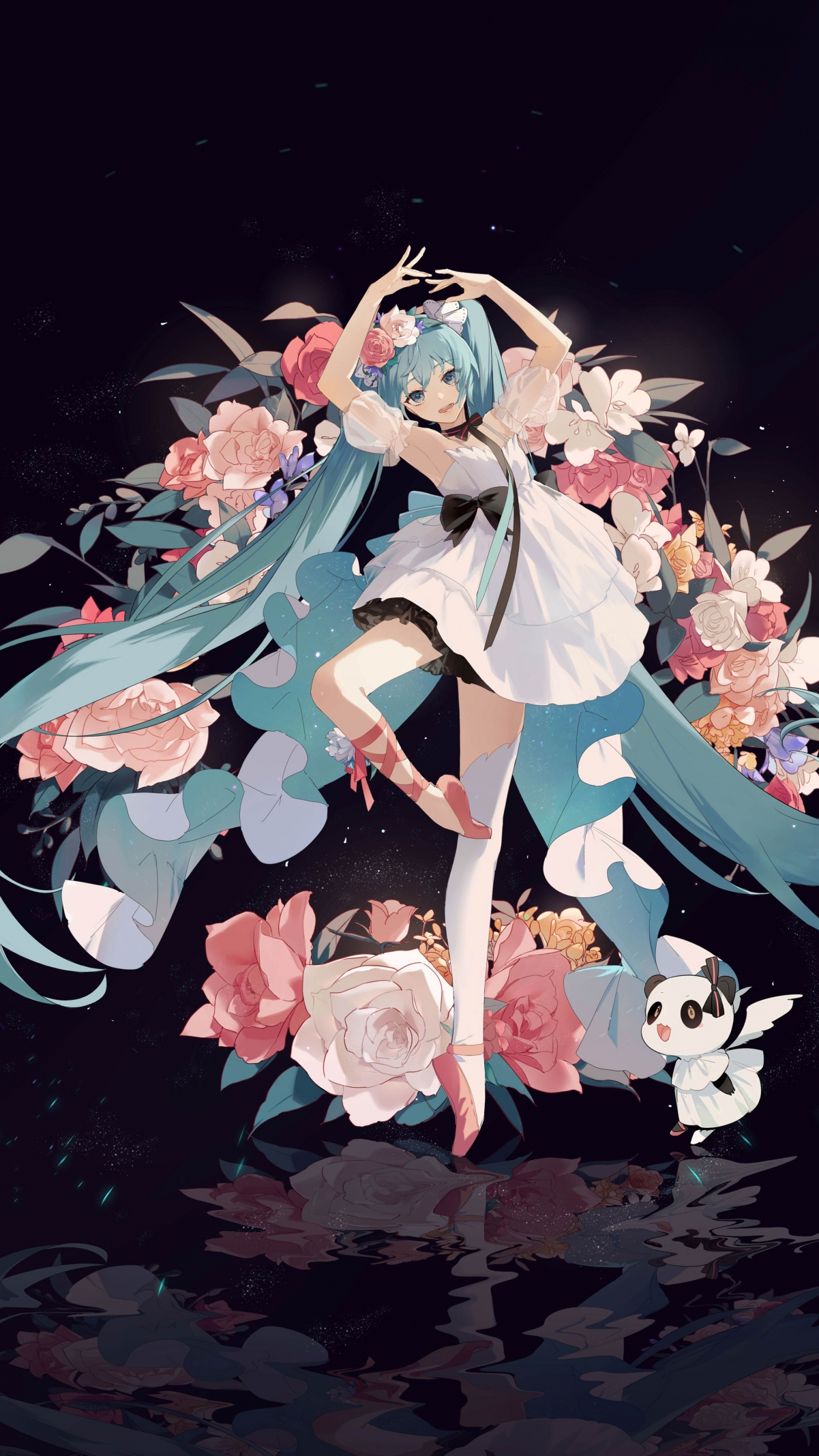 初音未来高清4K舞蹈动漫壁纸，鲜花点缀，超清2160x3840手机图片，免费下载