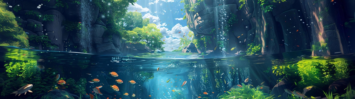 高清溪流景致，翠绿水下植物与游鱼共舞，3840x1080带鱼屏壁纸，尽享自然绿色美景