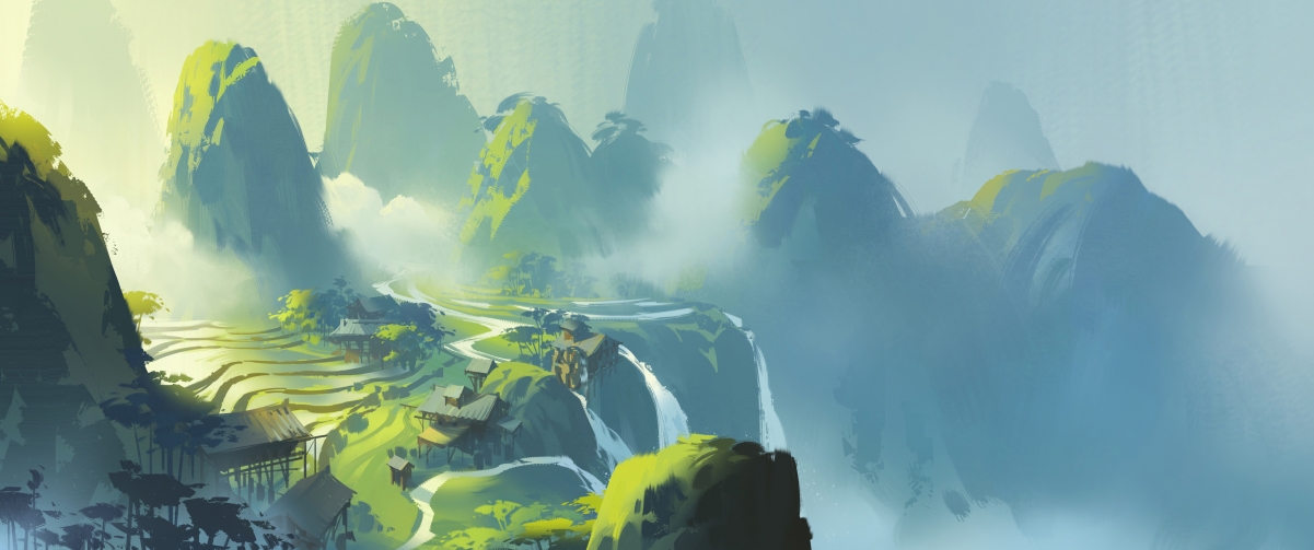 4K高清壁纸下载，小溪山谷风景画，带鱼屏3440x1440分辨率