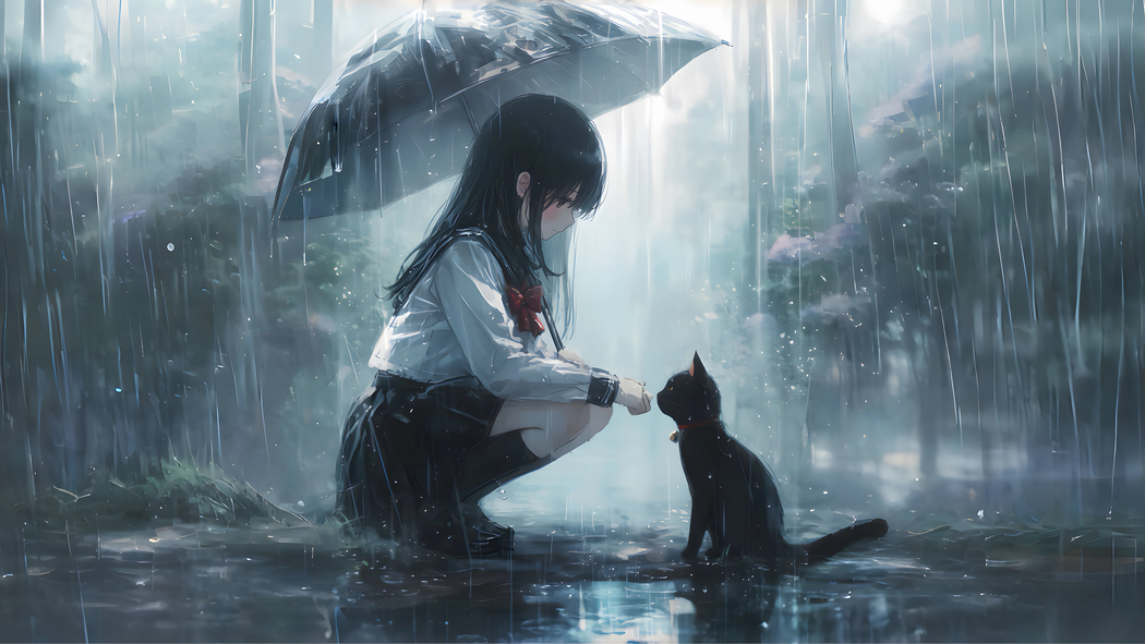 下雨天小女孩与小黑猫共撑伞 4K高清动漫壁纸3840x2160下载