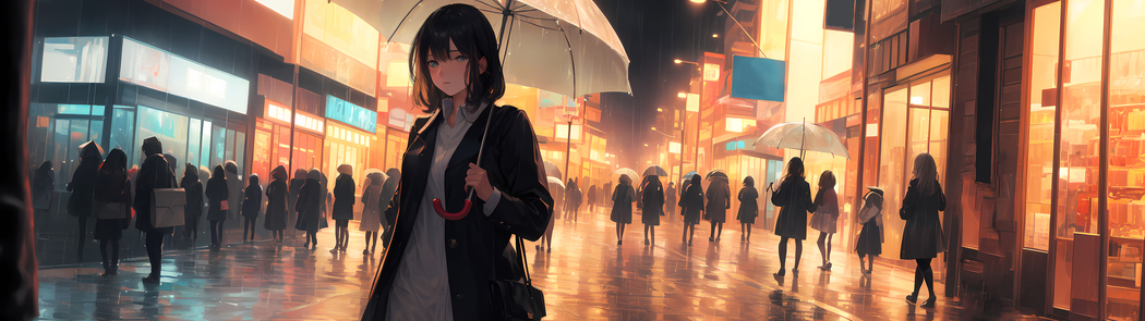 雨天夜晚街道商店短发女孩3840x1080高清动漫双屏壁纸下载