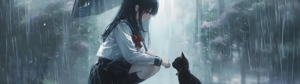 雨天小女孩与猫咪 3840x1080超清双屏壁纸下载