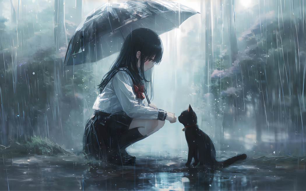 下雨天，小女孩与猫咪高清壁纸，2880x1800分辨率，适配平板/笔记本/便携设备下载