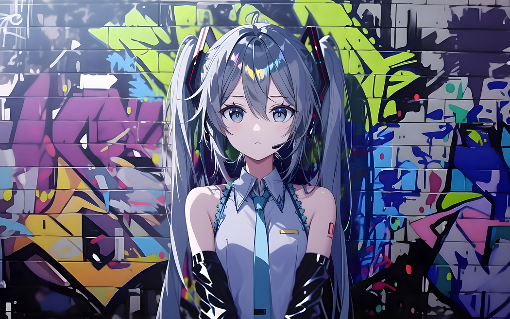 初音未来涂鸦墙高清壁纸 2880x1800 适用于电脑平板笔记本