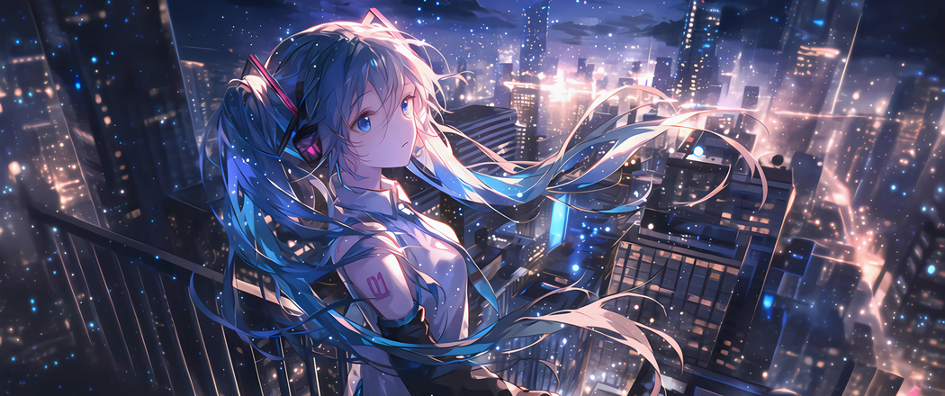 初音未来城市夜景星空4K带鱼屏壁纸3440x1440高清下载