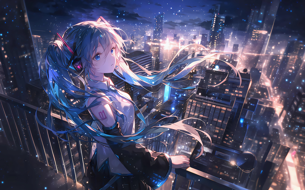 初音未来城市夜空3200x2000高清动漫壁纸，适配平板笔记本