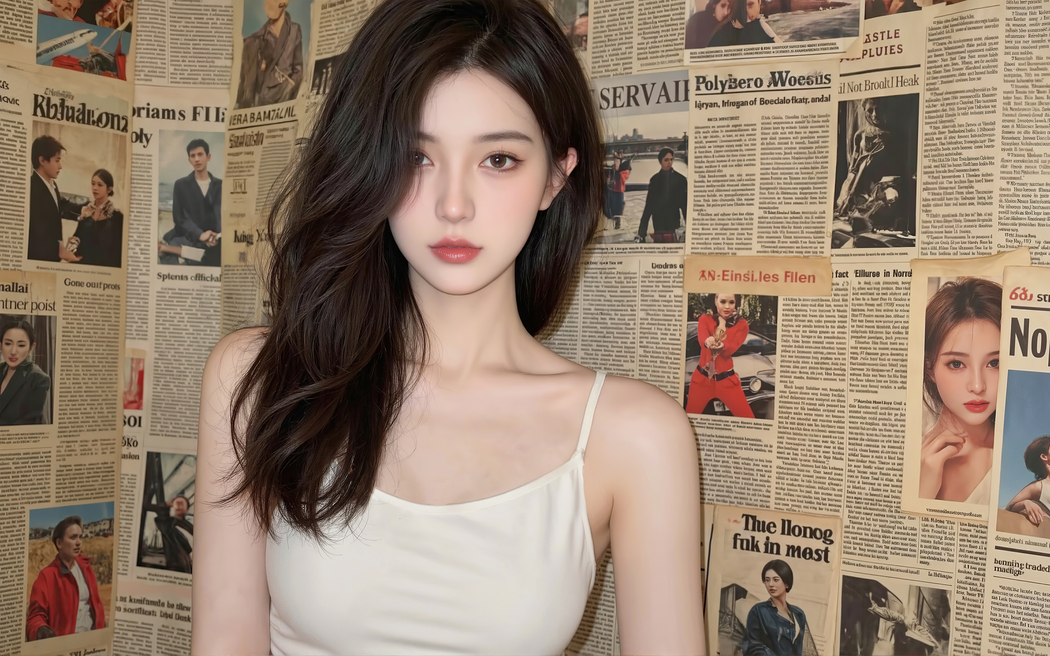 报纸墙长发美女高清动漫壁纸 2880x1800 下载适用平板笔记本