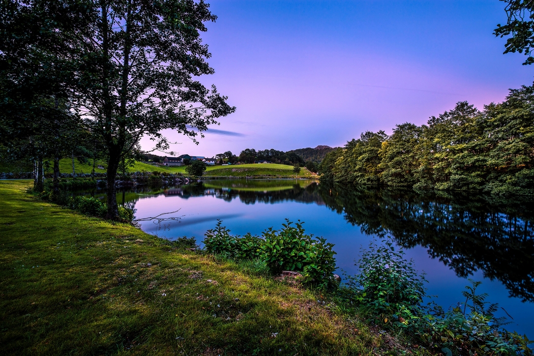 夏日挪威绿野仙境，罗加兰湖畔夜景，树影小屋4K高清壁纸下载（2560x1707）