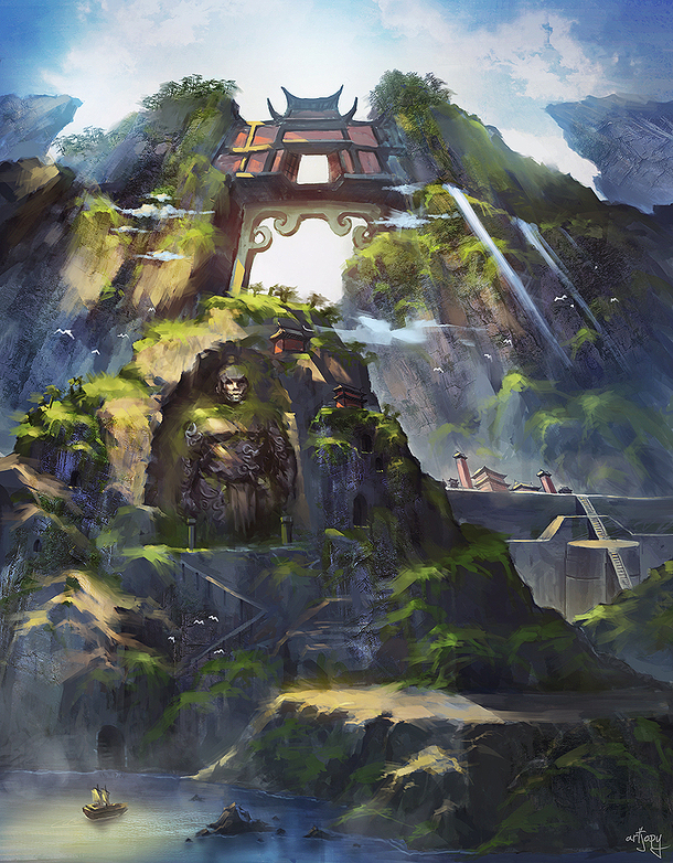 绿色山峰悬崖游戏截图，高清PNG透明背景卡通手绘素材下载