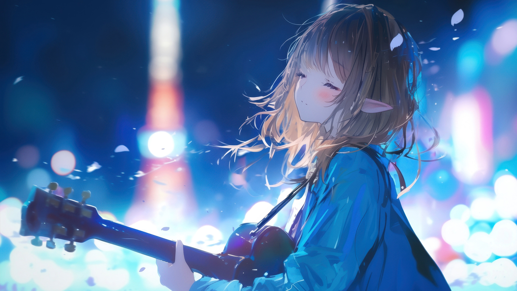 女孩短发兽耳吉他音乐主题4K高清动漫壁纸下载（3840x2160）
