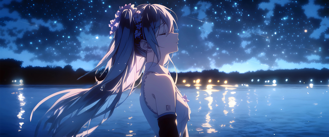 初音未来湖畔星辰3440x1440高清带鱼屏壁纸下载