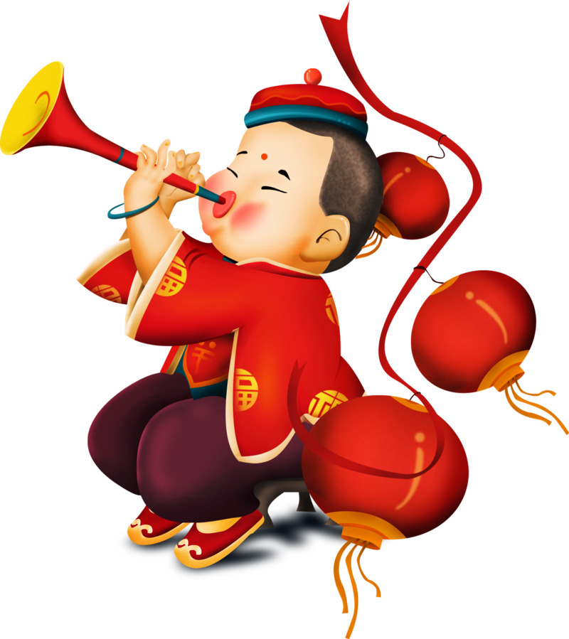 新年儿童吹唢呐高清PNG透明图片，元旦春节元宵节日元素设计素材下载