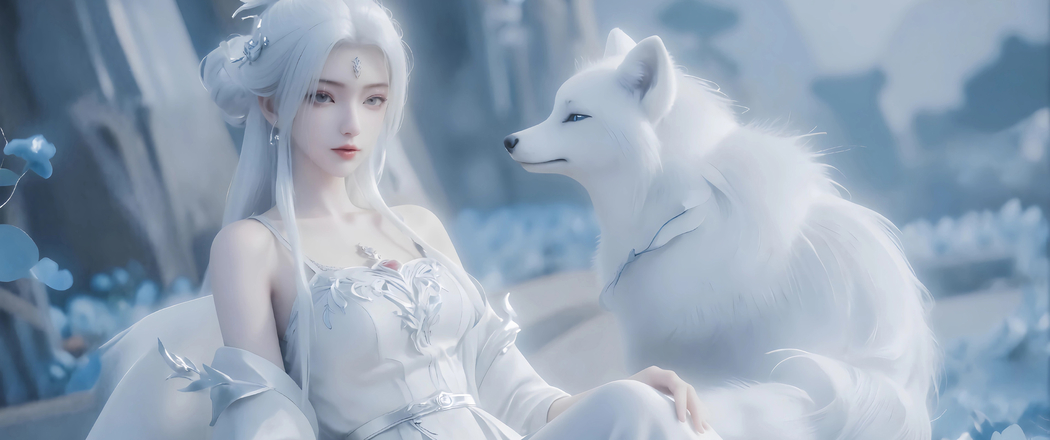 白发美女与白狐4K超清壁纸，3440x1440带鱼屏动漫图片下载
