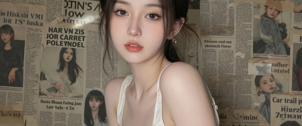 报纸墙动漫女孩4K高清壁纸 3840x1600 免费下载