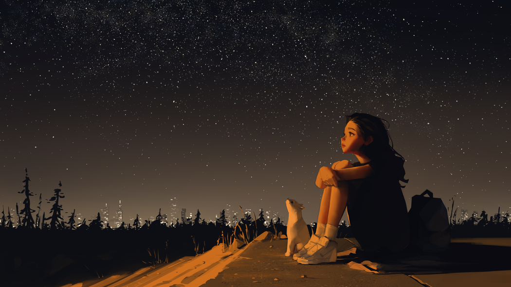 满天星辉下的动漫女生与小猫，唯美4K壁纸，3840x2160高清下载
