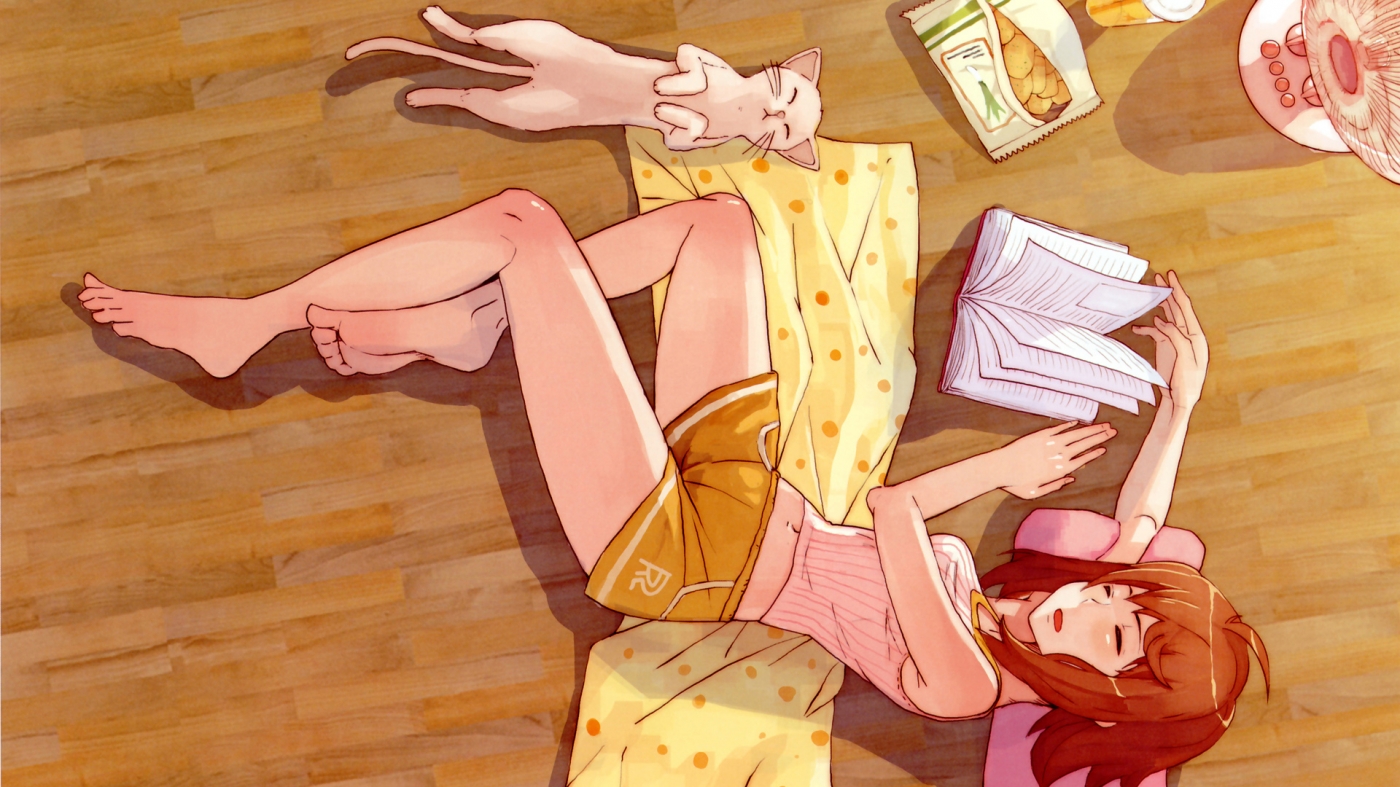 女孩，猫，地板，书籍，睡眠，可爱动漫壁纸