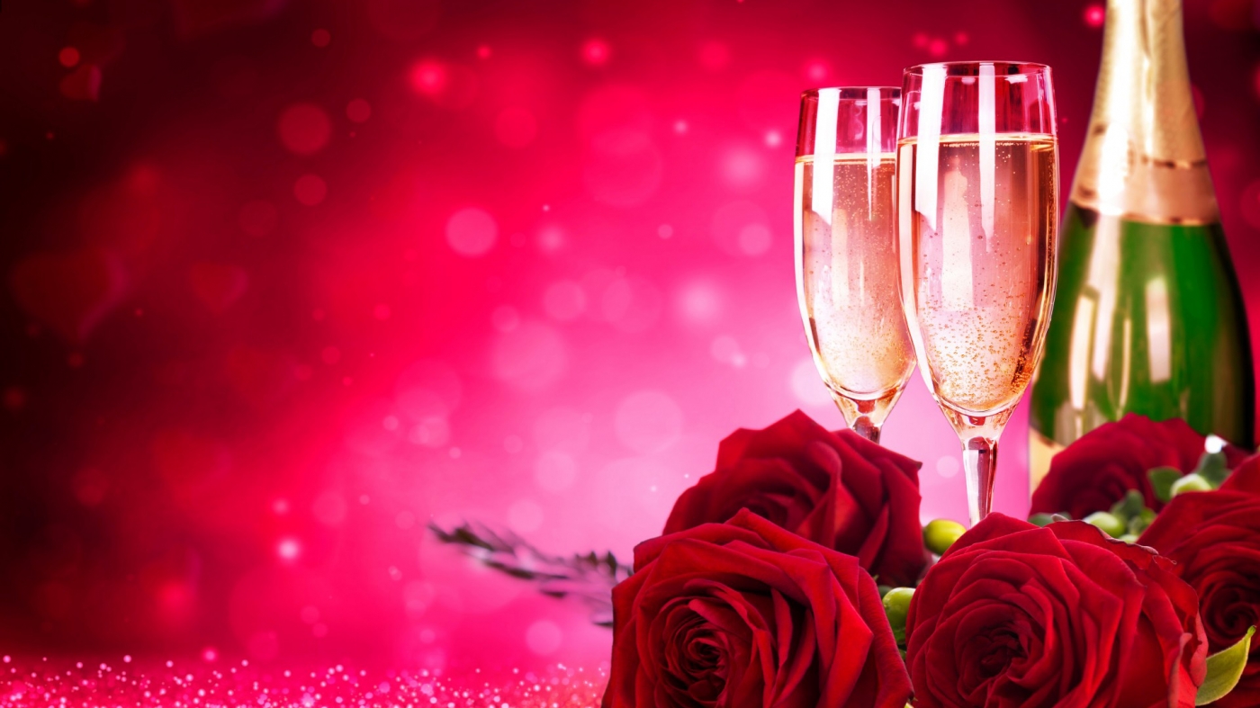 玫瑰，鲜花，红色，酒杯，酒瓶，温馨，浪漫，2015年情人节壁纸