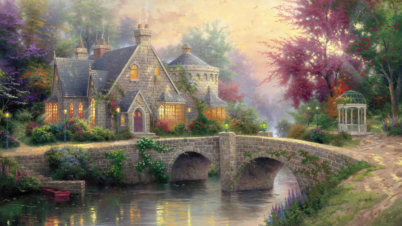 托马斯绘画,灯光庄园,桥梁,唯美风景桌面壁纸