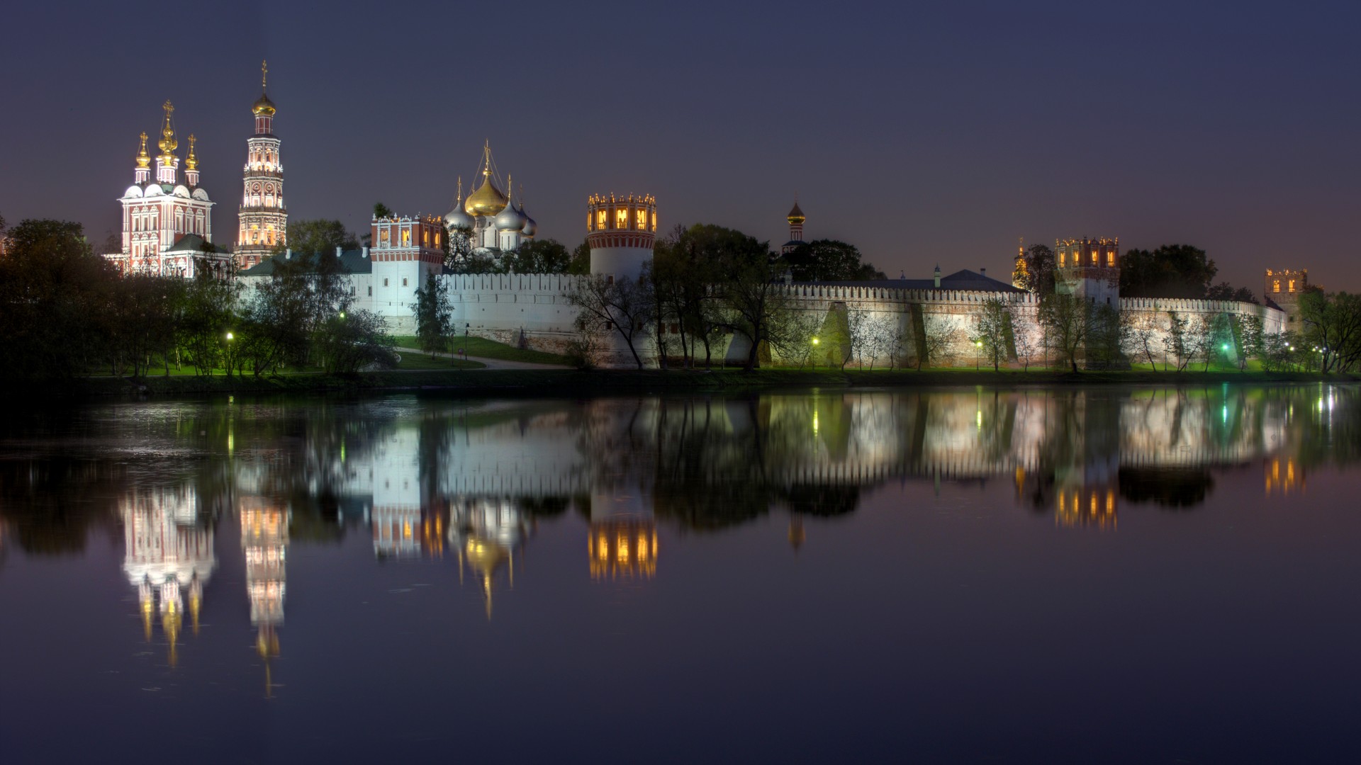 莫斯科,新圣女修道院,湖,河流,晚上,风光桌面壁纸