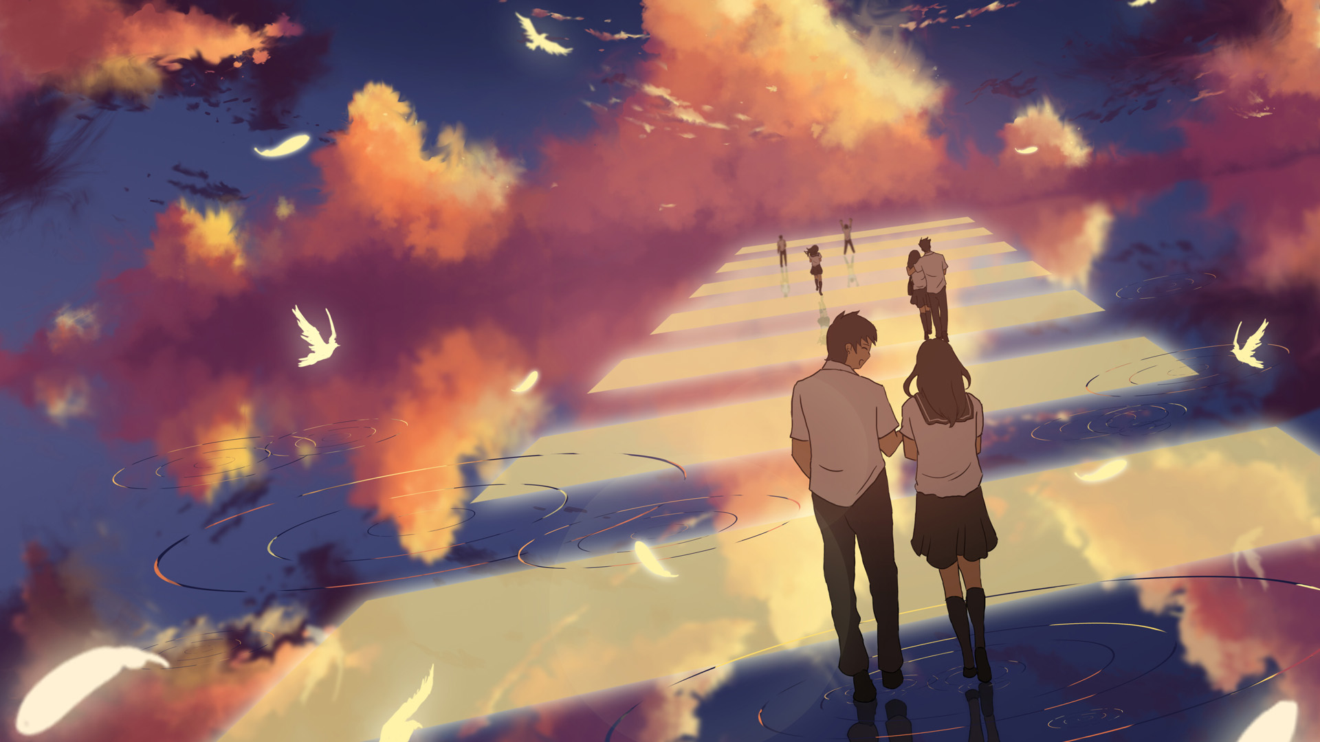 学生,女孩,男孩,天空,步行,动漫电脑壁纸
