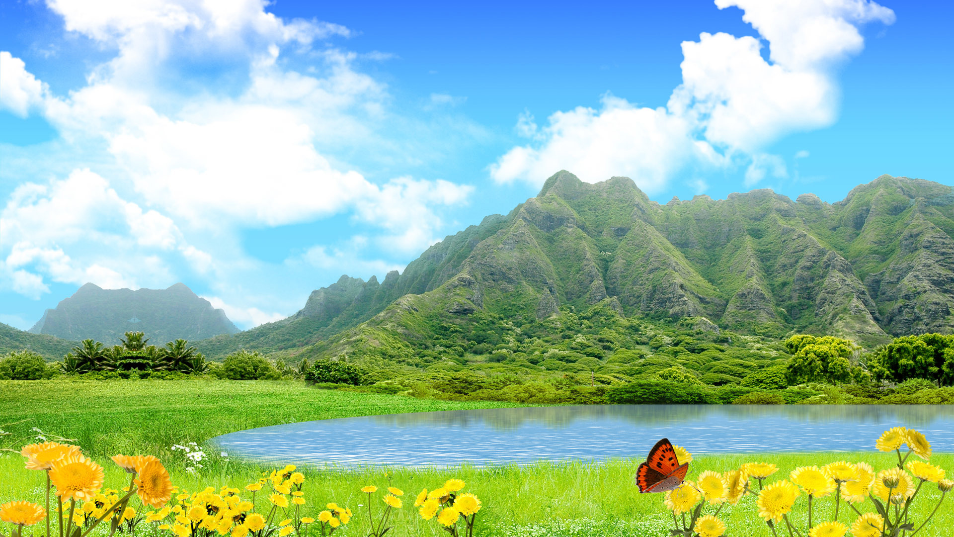 自然，夏天，花卉，蝴蝶，山，树，绿色小草，湖水，蓝天白云，小清新，风景壁纸