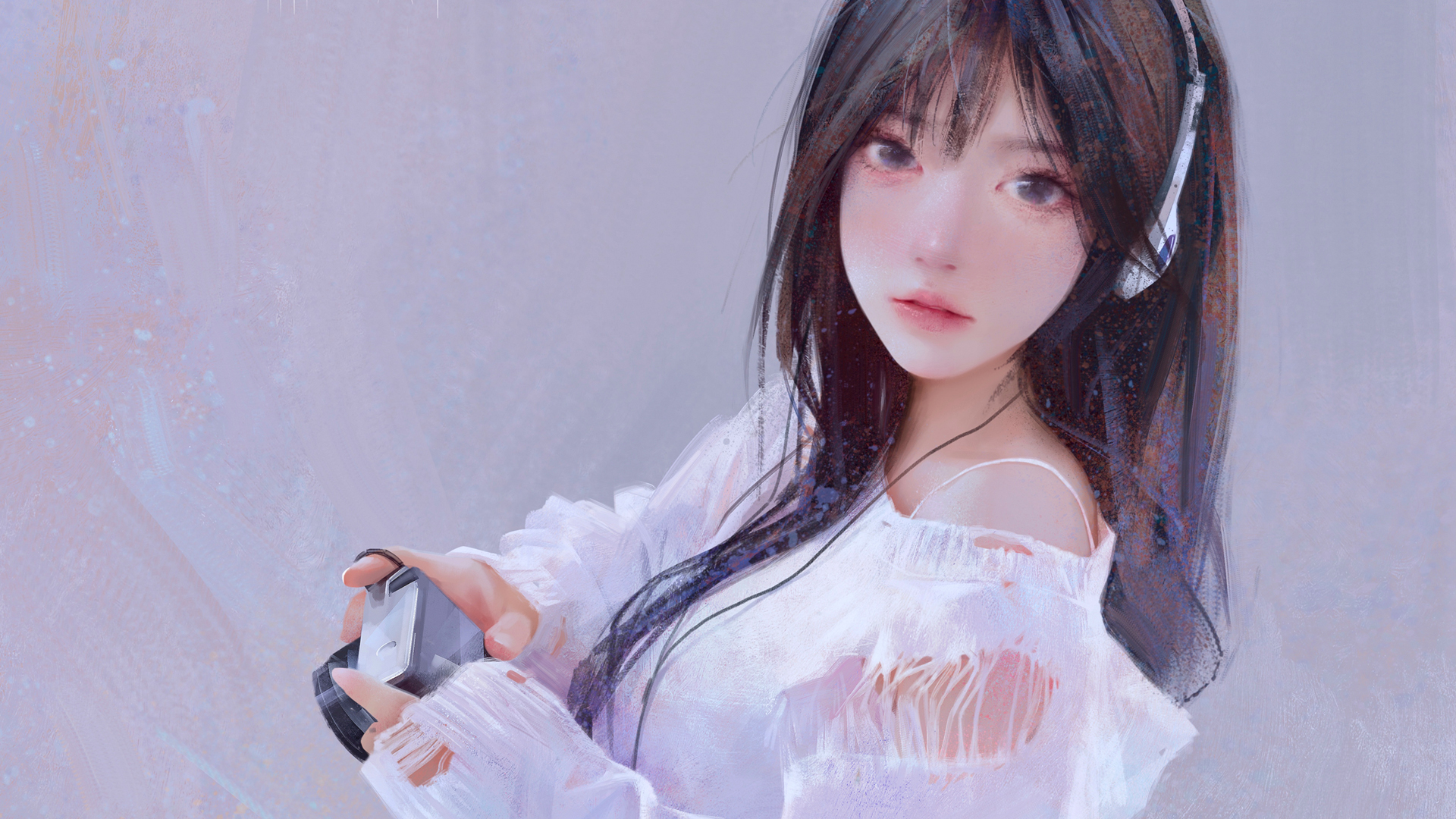 听音乐的动漫美女桌面背景图壁纸