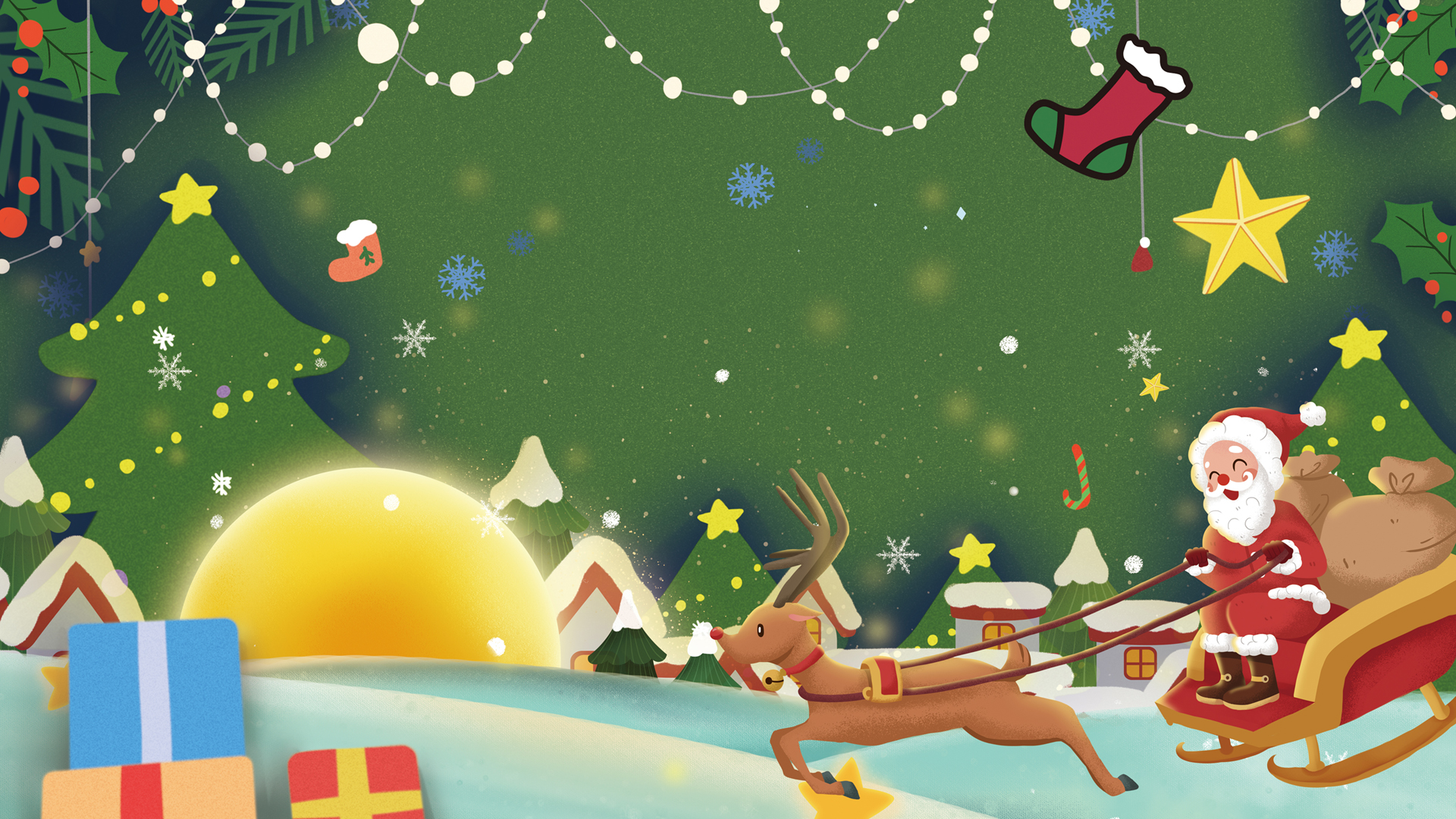 圣诞节平安夜 雪橇 圣诞老人 圣诞树 圣诞鹿 手绘圣诞节高清壁纸