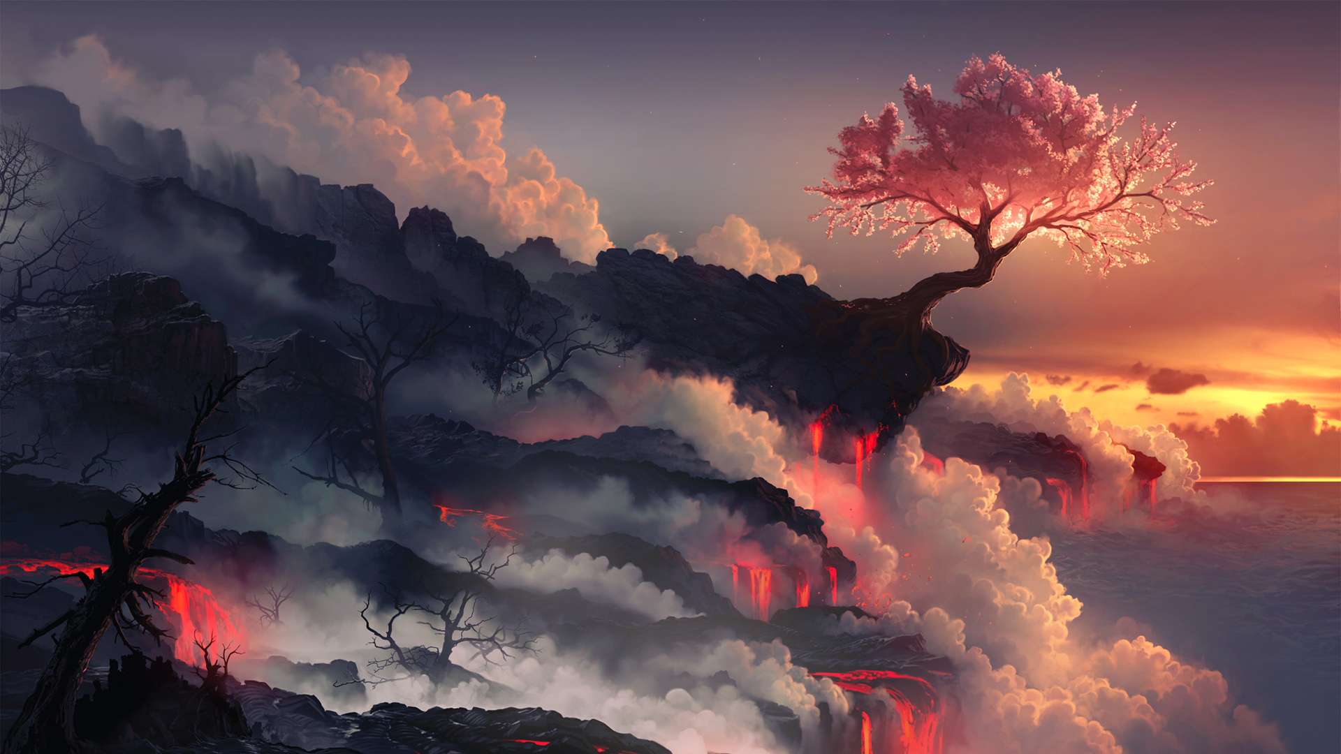 天空,云,火山,树,唯美艺术风景桌面壁纸