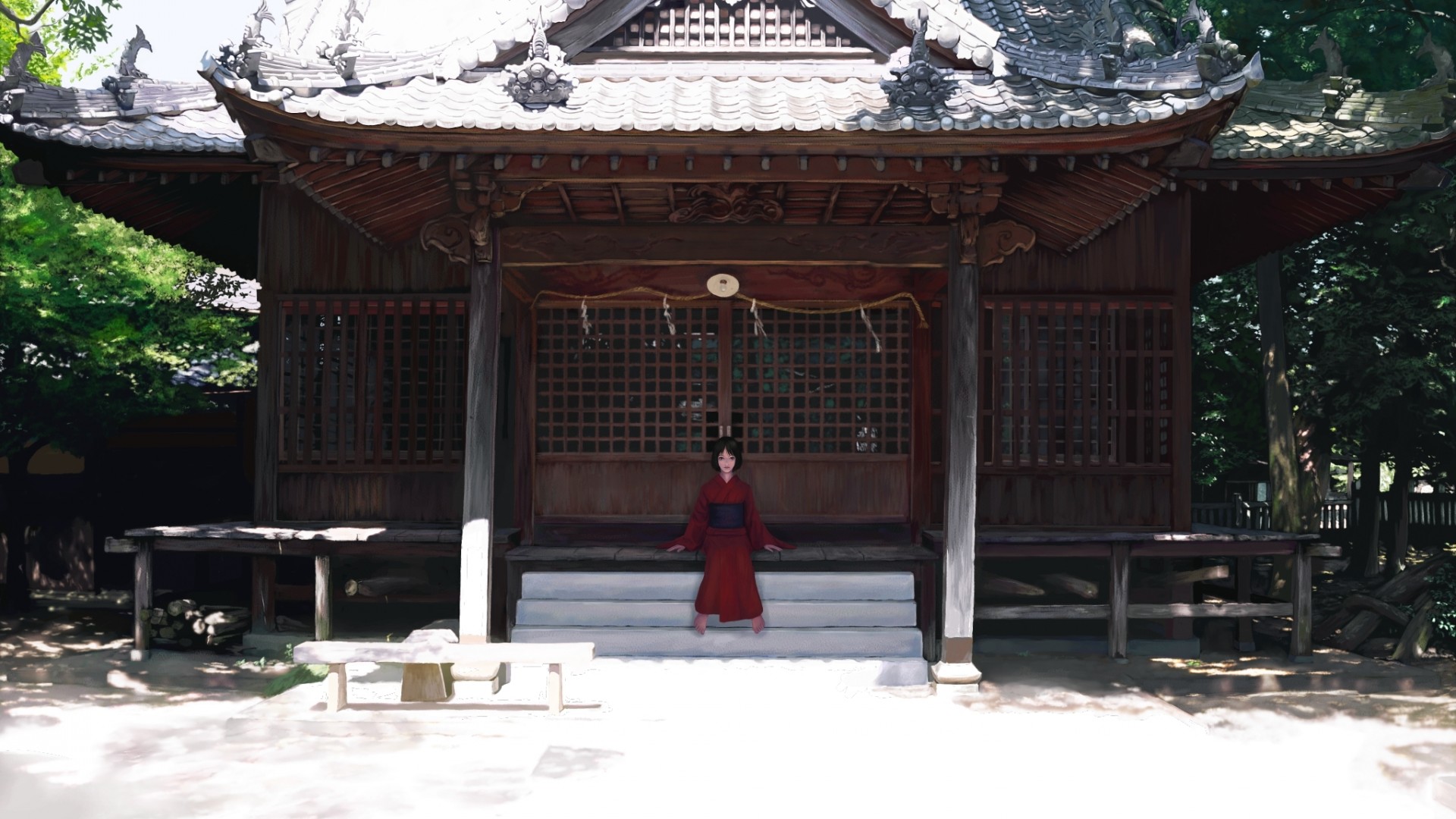 一个女孩，一个寺庙，和服，日本女孩，阶梯，等待，桌面壁纸