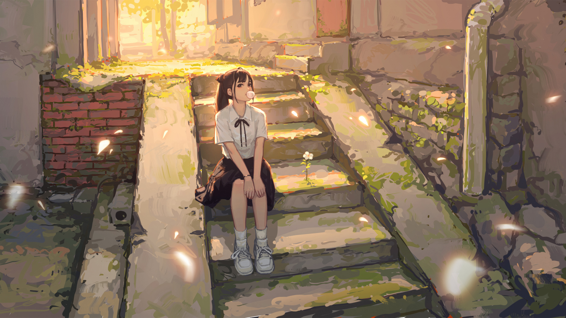 女孩坐在小巷台阶上 苔藓 小花 动漫壁纸