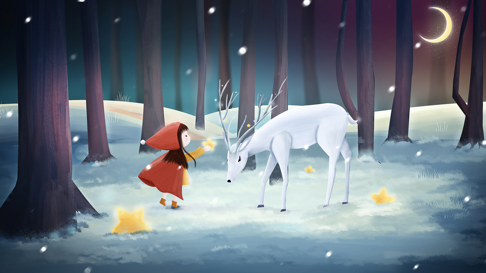 平安夜 圣诞节 森林 雪地里给鹿送礼物的小女孩壁纸