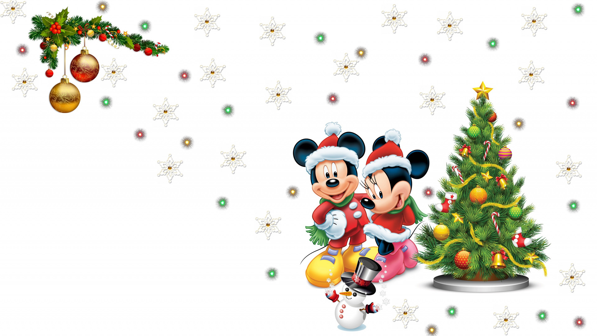 米老鼠,米奇,雪花漂亮的灯,堆雪人,圣诞树,桌面壁纸
