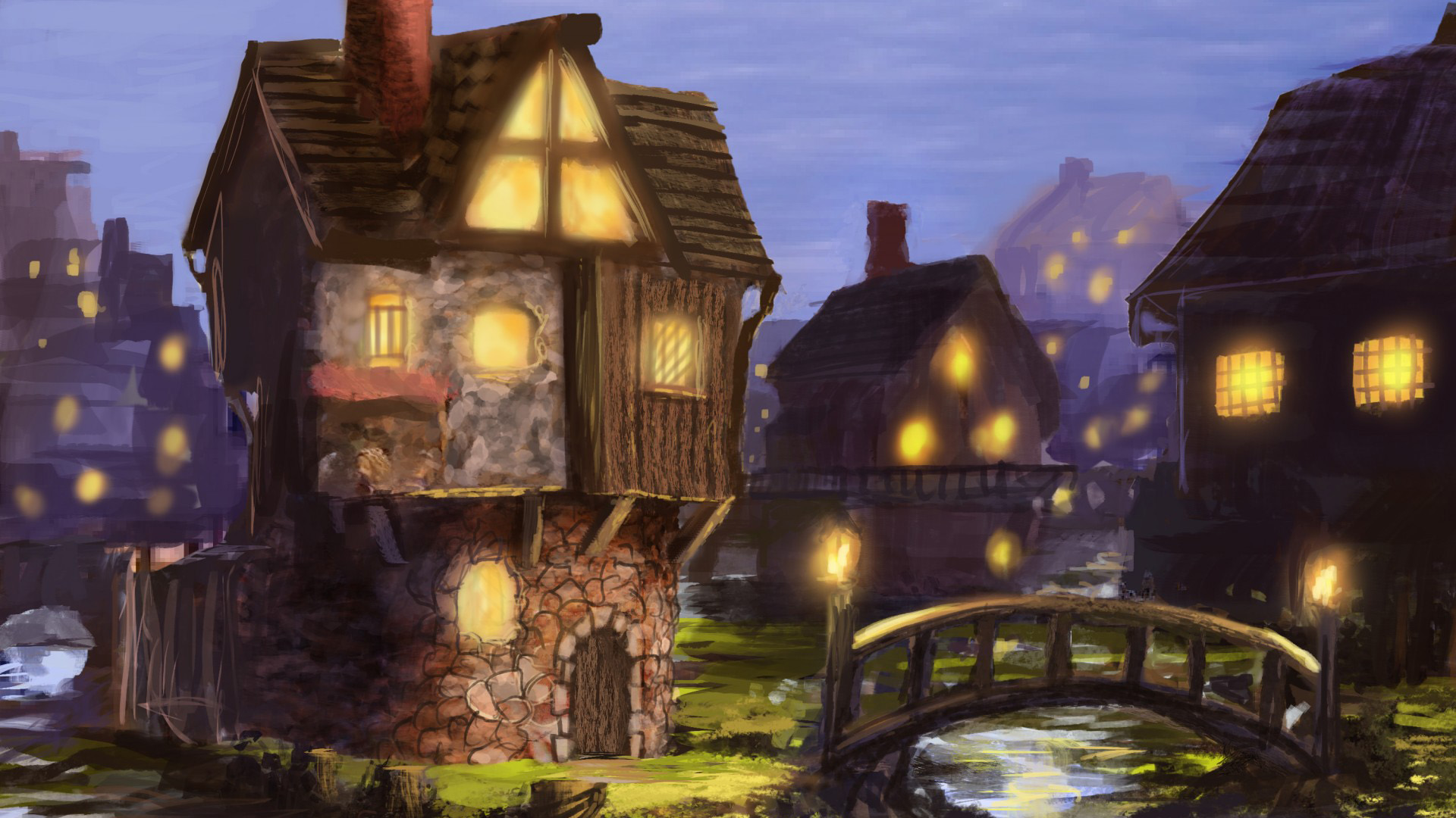 小镇,晚上,灯光,房屋,河流,绘画壁纸