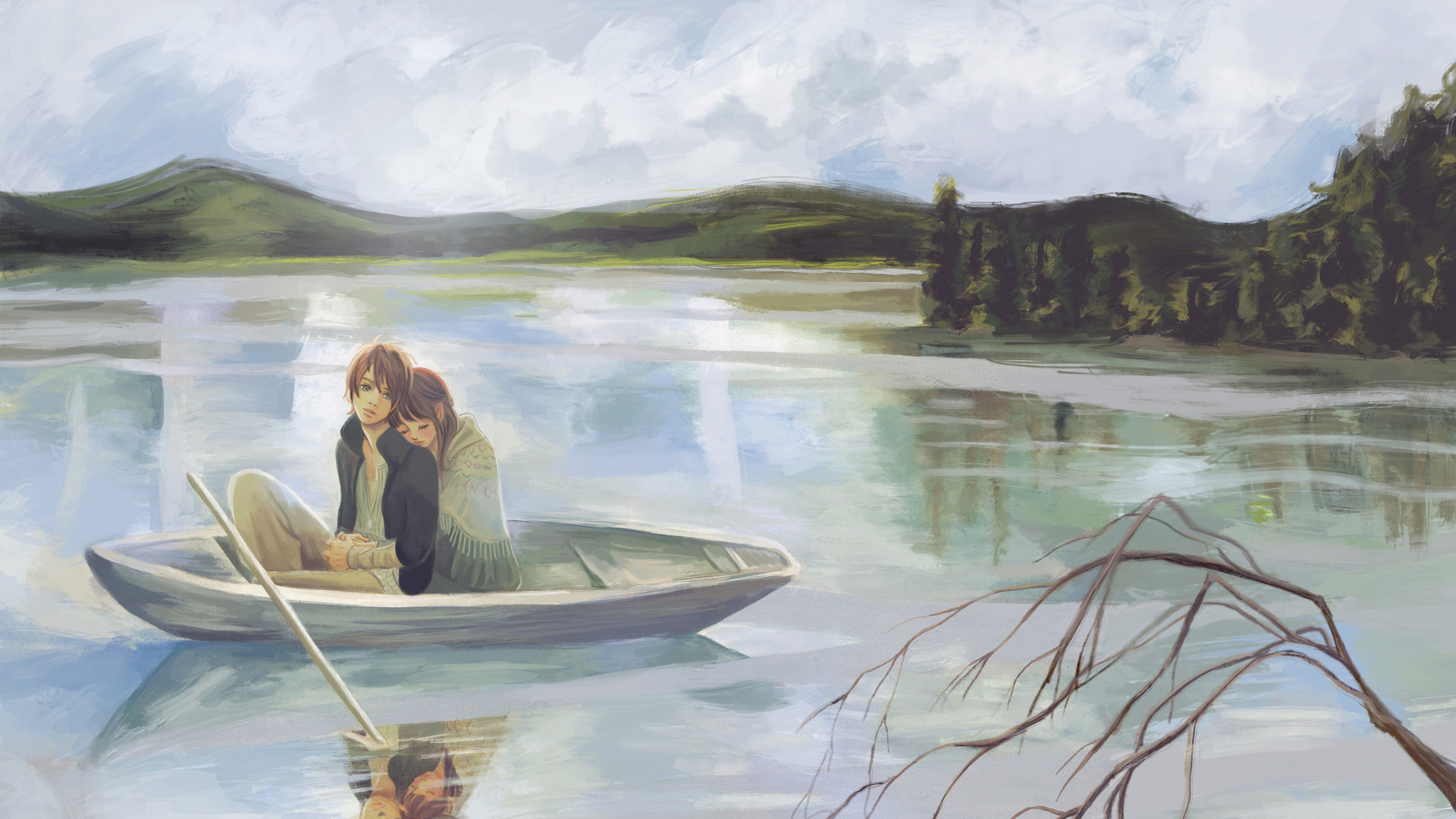 湖,小船,情侣,树林,绘画壁纸