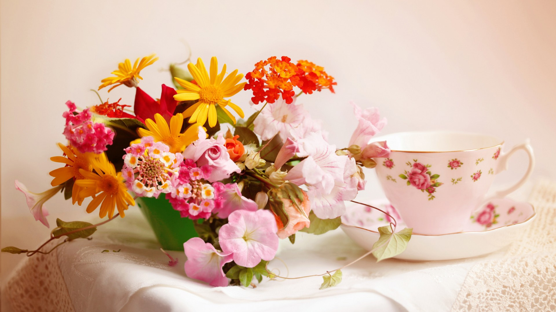 花,杯,餐巾,精美桌面壁纸