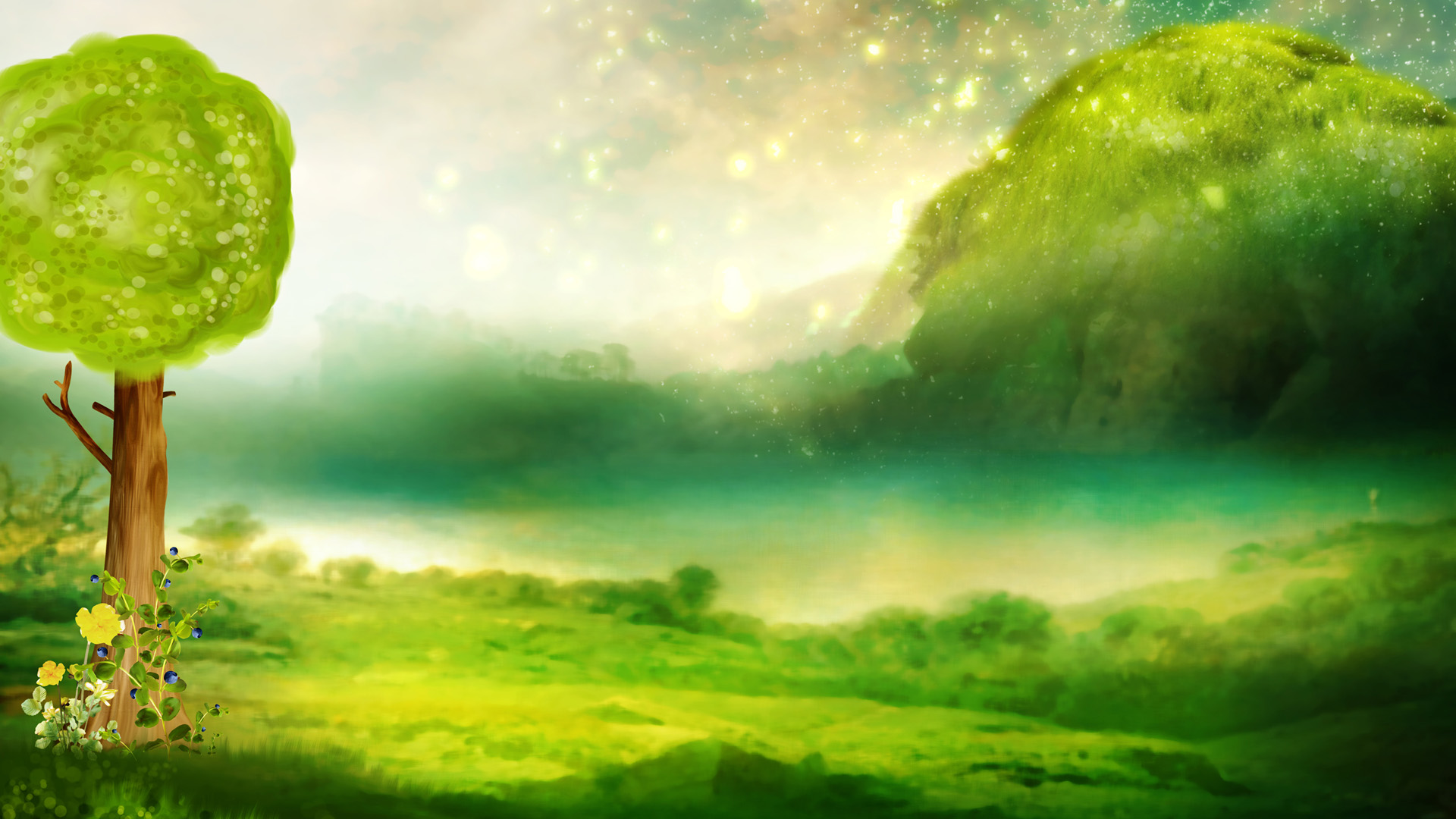2013年梦幻手绘绿色风景桌面壁纸