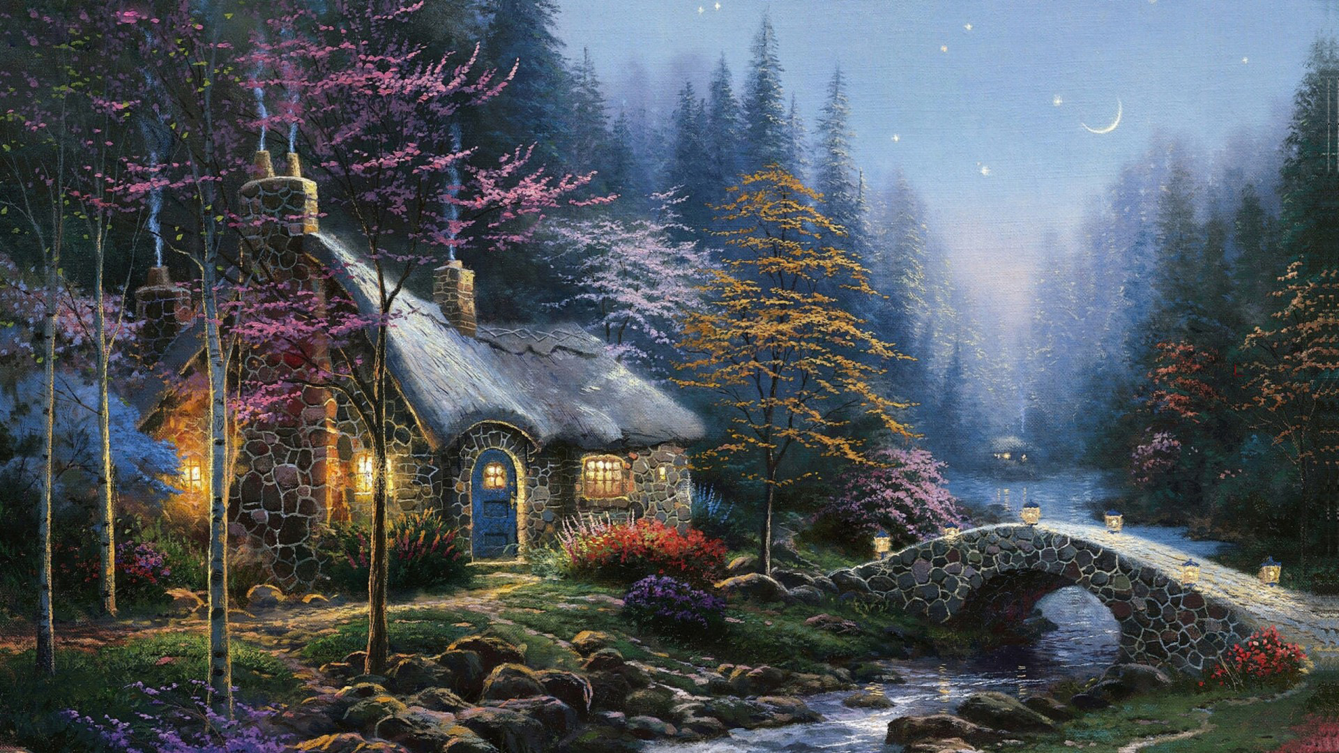托马斯绘画,夜晚的森林,小屋,溪水,小桥,月亮,星星,意境壁纸