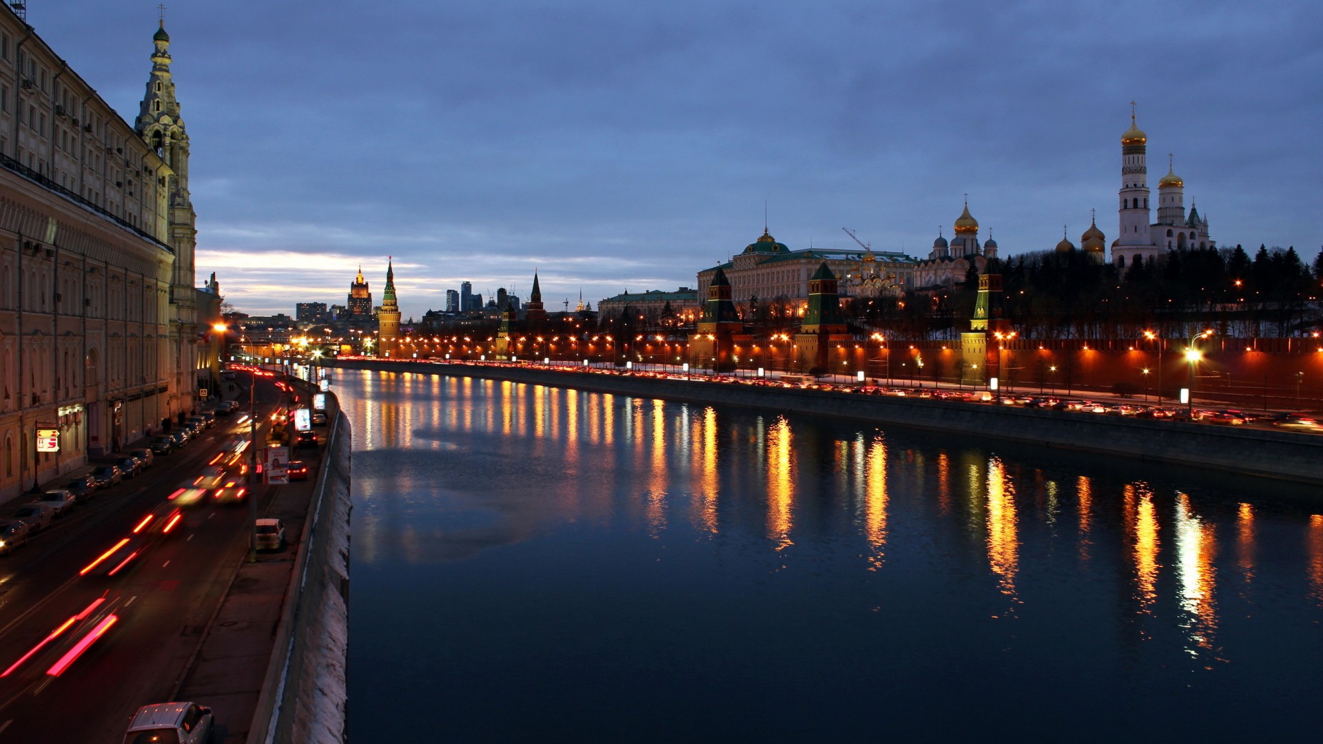 莫斯科,城市,夜晚,灯,河,风景桌面壁纸