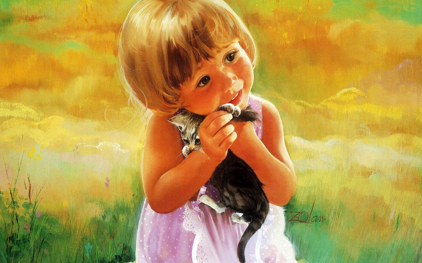 小女孩抱猫咪桌面背景