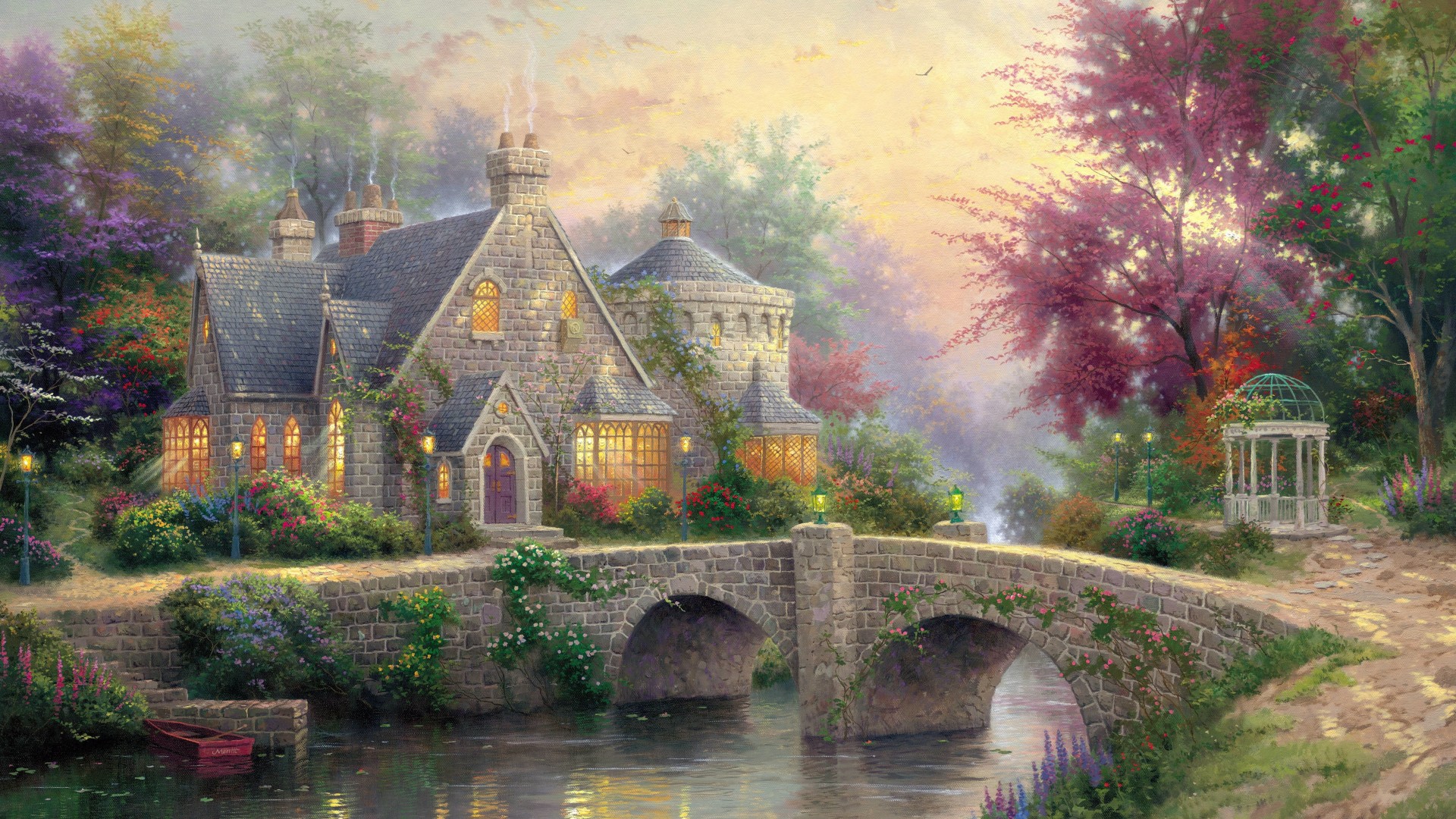 灯光庄园，托马斯·金凯德，绘画，艺术，桥，精美风景画，桌面壁纸