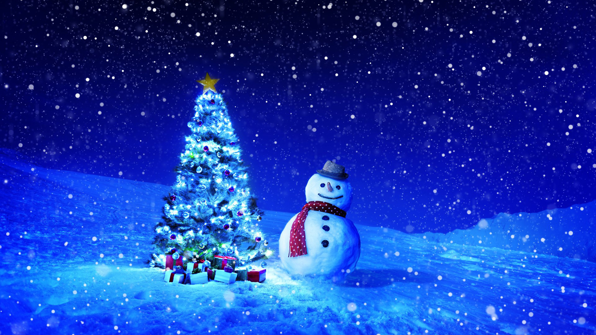 新年，圣诞节，圣诞树，雪，雪人，冬天，晚上的图片，桌面壁纸
