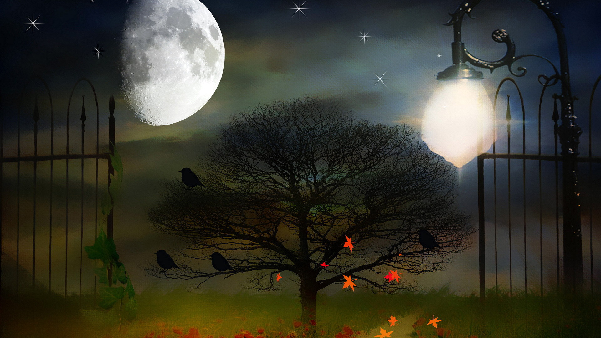 晚上,月亮背景,小树桌面壁纸